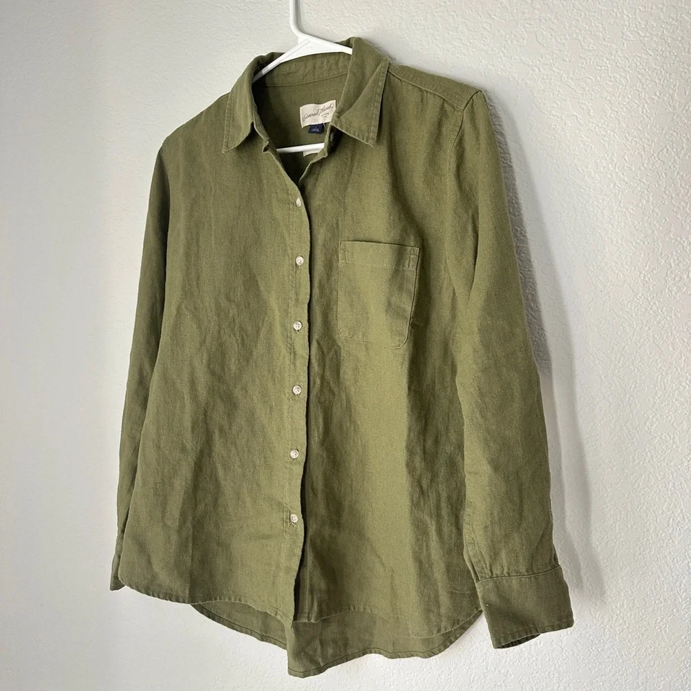Olive Green Women's Button Down Shirt Relaxed Fit - Picture 2 of 6